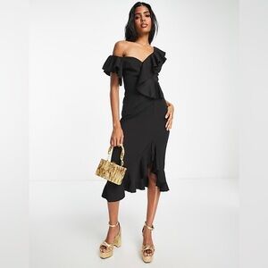 Little Mistress Black One Shoulder Midi Dress